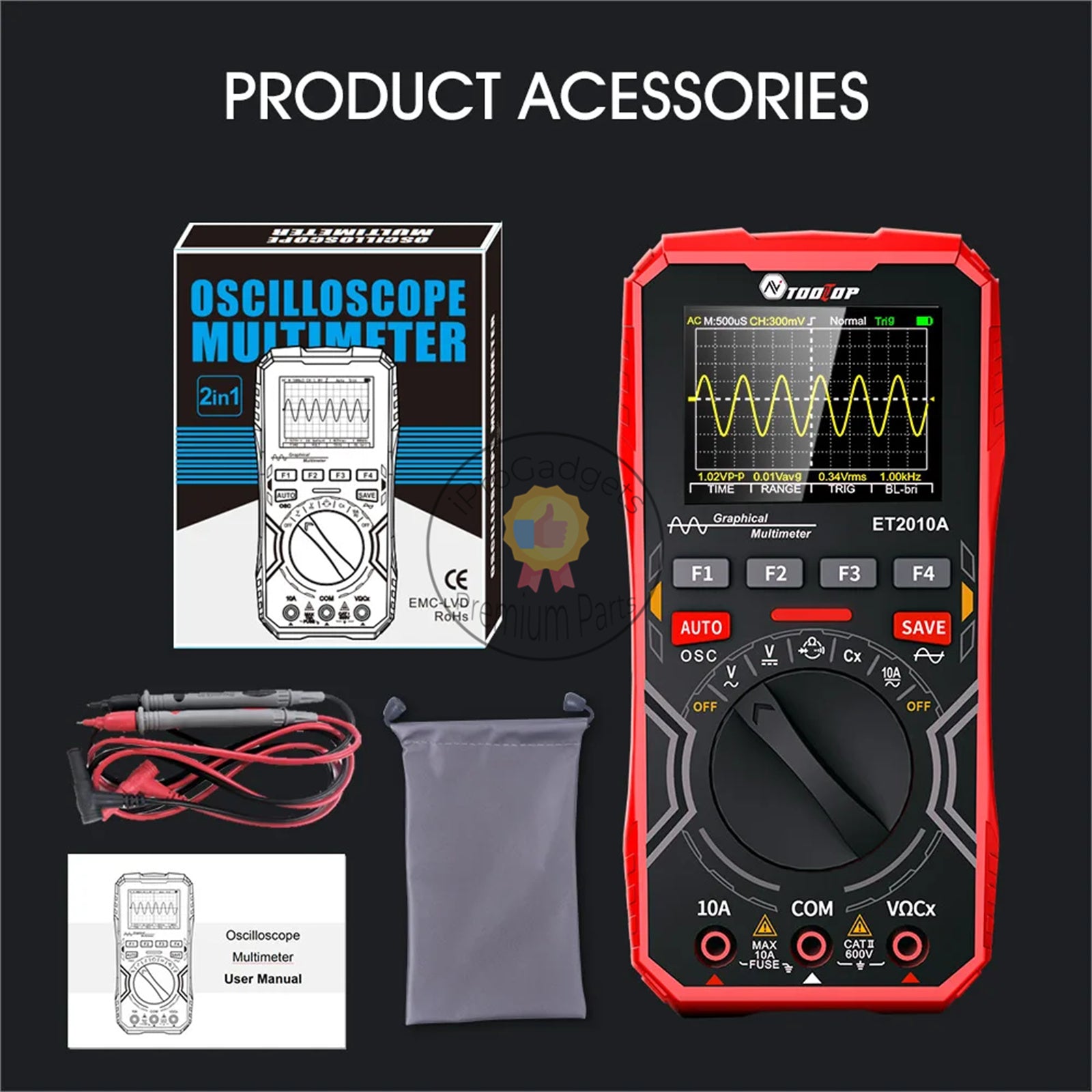 Handheld Multimiter Tooltop ET2010A Digital Oscilloscope Multimeter 1Mhz 2.5MSps Color ...