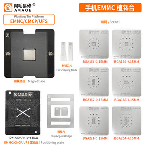 Amaoe BGA153 BGA169 BGA162 BGA254 BGA221 BGA186 Plantilla de Reballing para EMMC CPU IC Chip Red de soldadura de plantación de estaño 0,15 MM