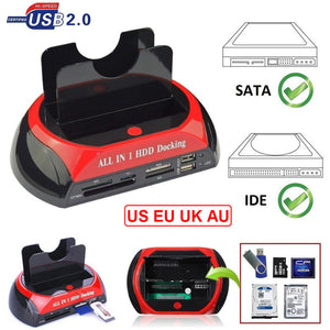 All-in-One-Dual-Bay-2,5-Zoll-3,5-Zoll-HDD-Dockingstation, eSATA, USB 2.0 zu IDE, SATA-Festplatte, OTB-Backup-Dock mit Kartenleser