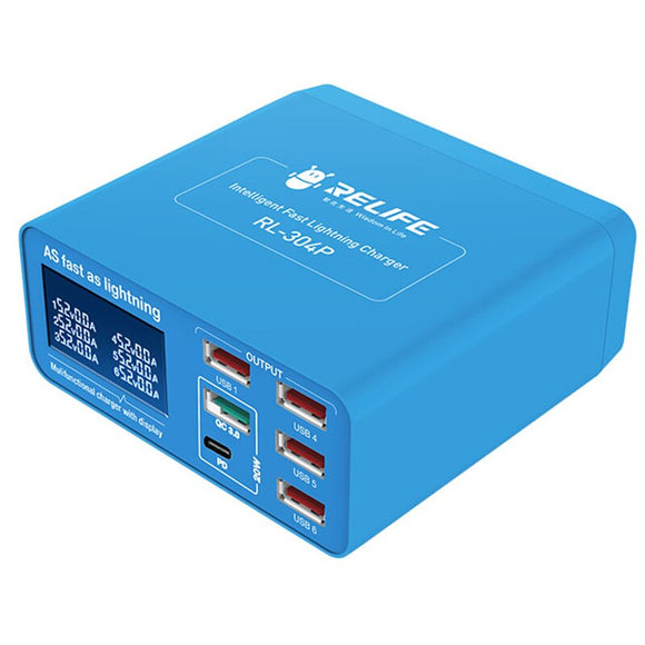 RELIFE RL-304P PD3.0 QC3.0 Smart 6 USB-Anschlüsse Digitalanzeige Schnellladegerät für Android für iPhone Tablet Multi-Interface-Tools