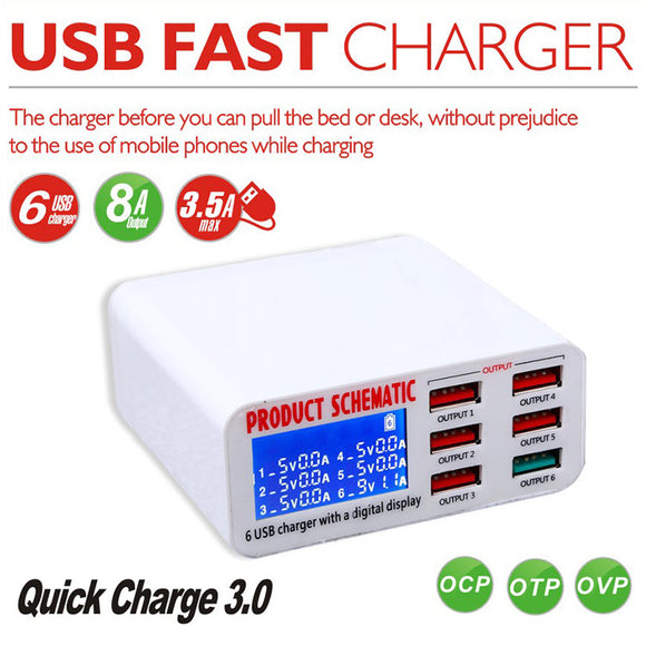 Phone Repair 6 Port USB Fast Charger PD Charging Station with LCD Display Power Supply Charger